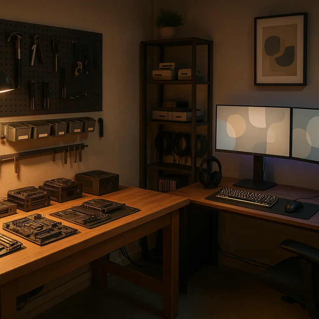 Geek Atelier mit Workbench und Gaming Setup